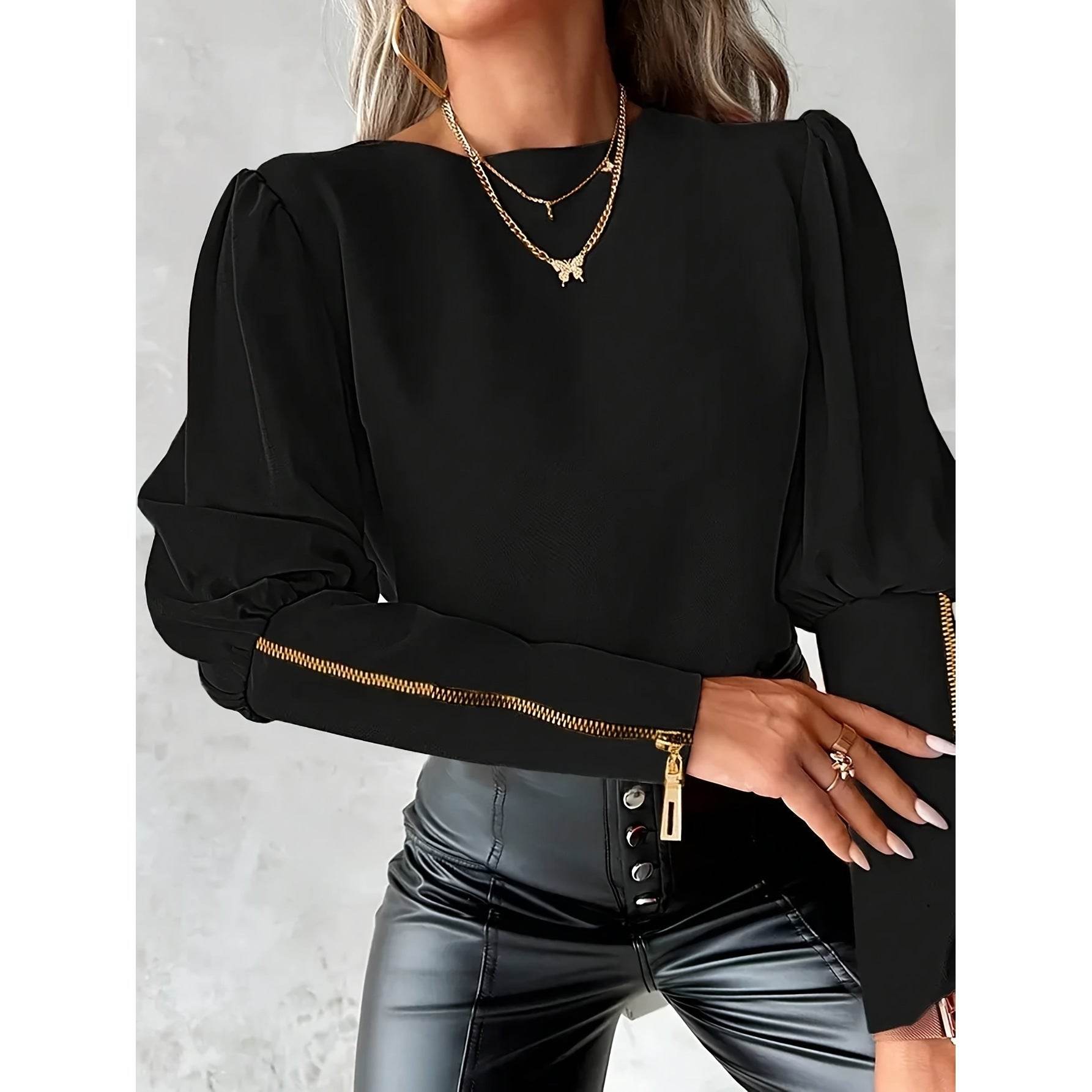 Women's Black Polo Collar Long Sleeve Zip Top - Trendy Blazer 2025 - Buy Center
