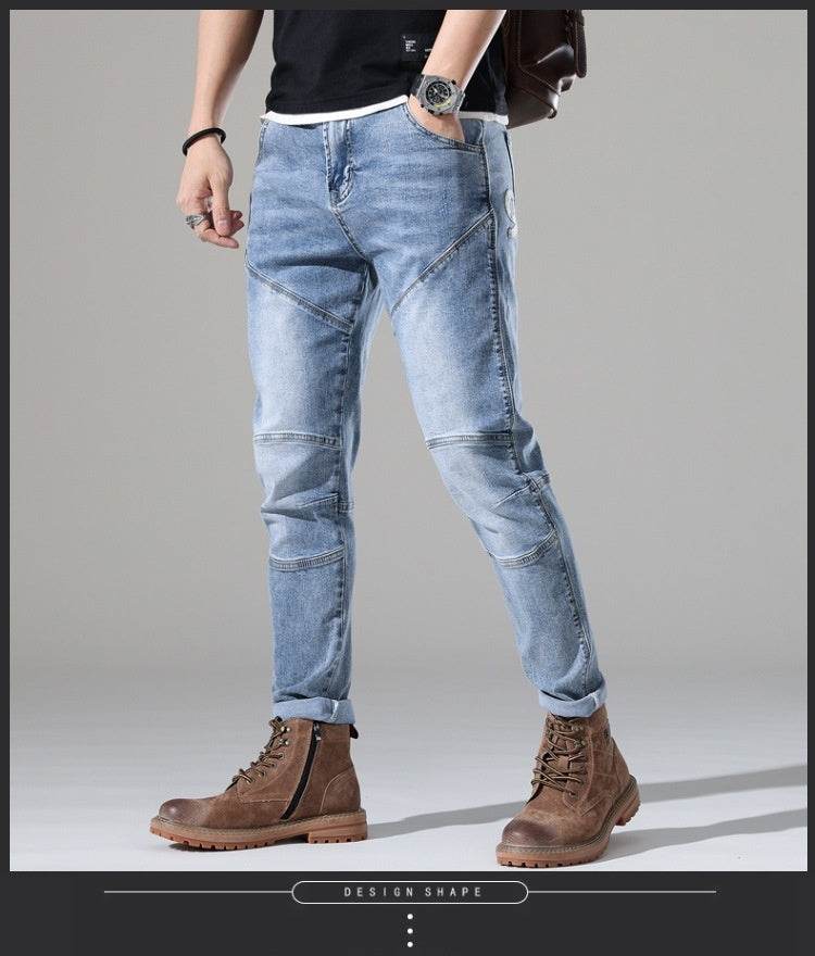 Men's Elastic Stitching Embroidered Jeans - Light Blue Denim Style - Buy Center