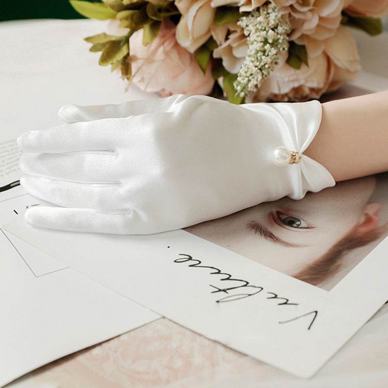 French Hepburn Style Pearl Satin Bridal Gloves - Elegant Wedding Accessory - Buy Center