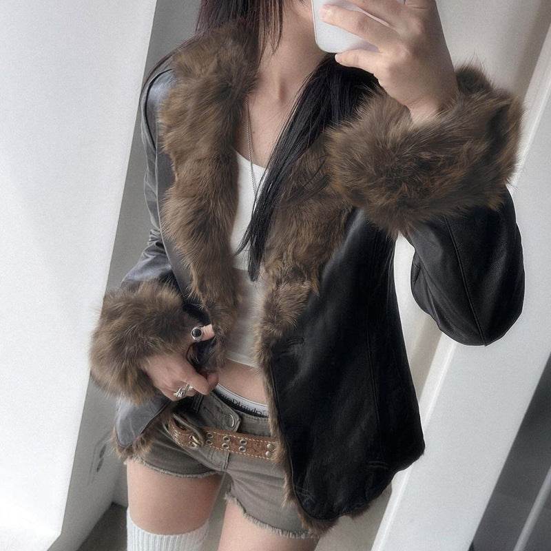 American Street Fur Collar Leather Coat - Edgy Style for Modern Women - Buy Center