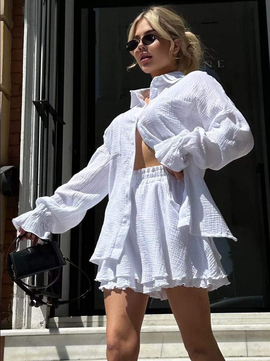 Ruffled Long Sleeve Shirt & Casual Shorts Set - Premium Cotton in Colors - Buy Center