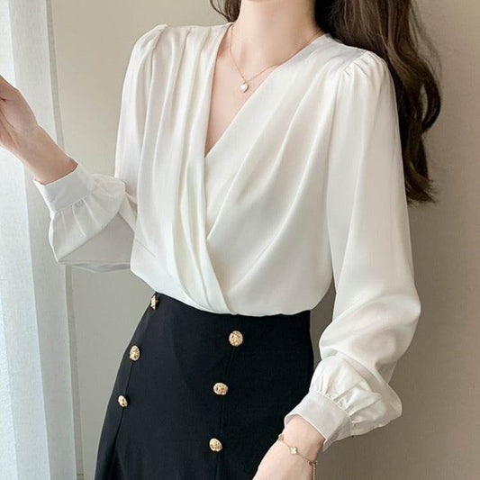 Women's V-Neck Satin Long-Sleeved Shirt - Stylish Work Blouse, Sizes S-2XL - Buy Center