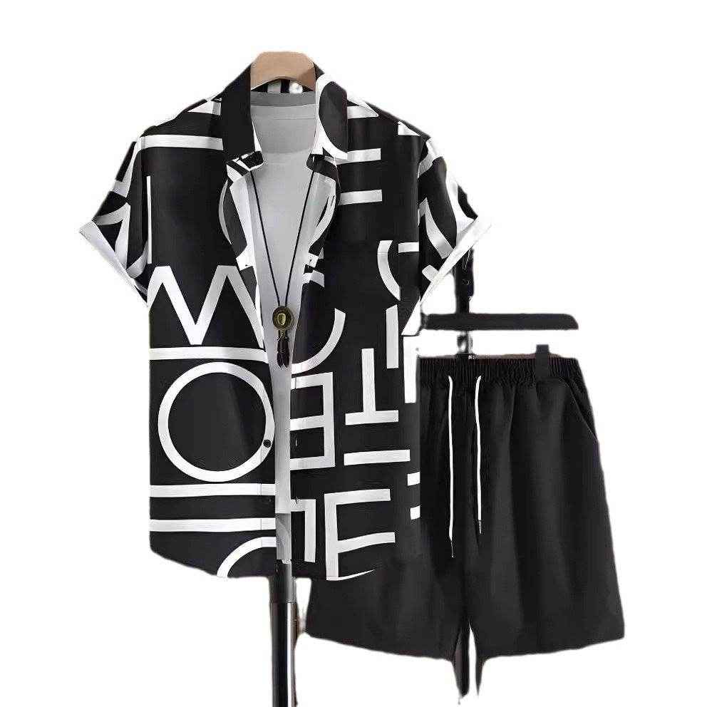 Black and White Striped Hawaiian Shirt Set for Men - Casual Summer Style