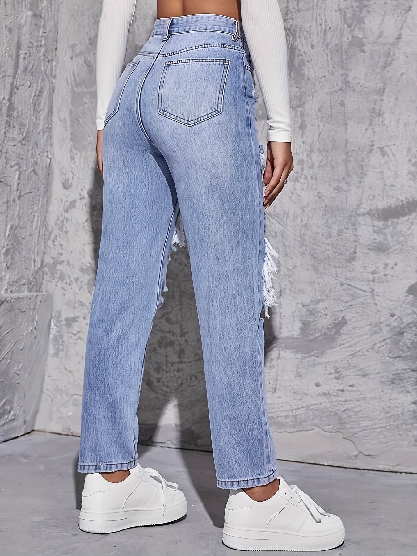 Buycenter Casual High Waist Ripped Denim Trousers for Women - Stylish Fit - Buy Center