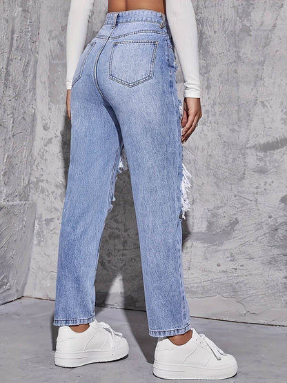 Buycenter Casual High Waist Ripped Denim Trousers for Women - Stylish Fit - Buy Center