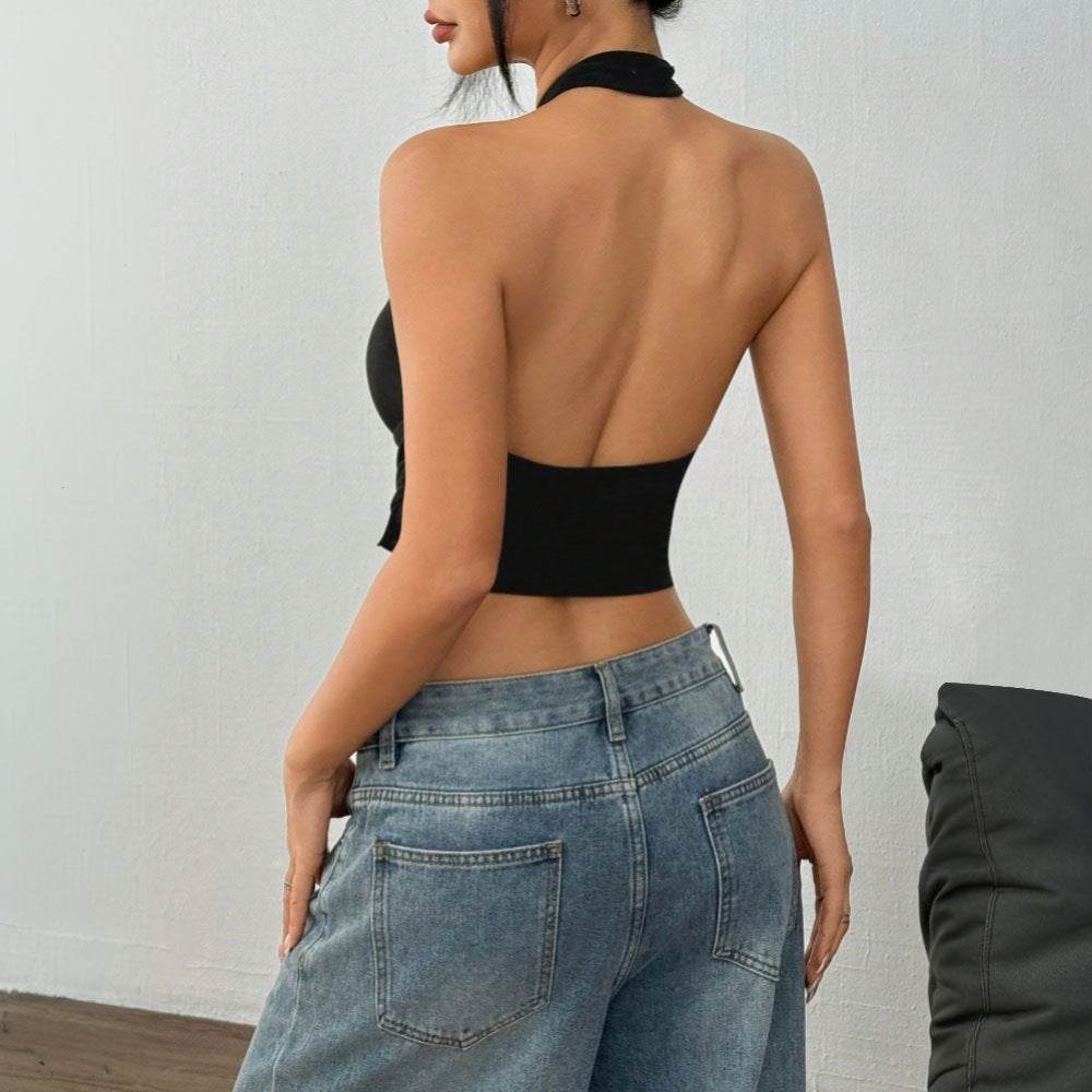 Women's Backless Short Top - Sleek Black Blazer, Slim Fit Design - Buy Center