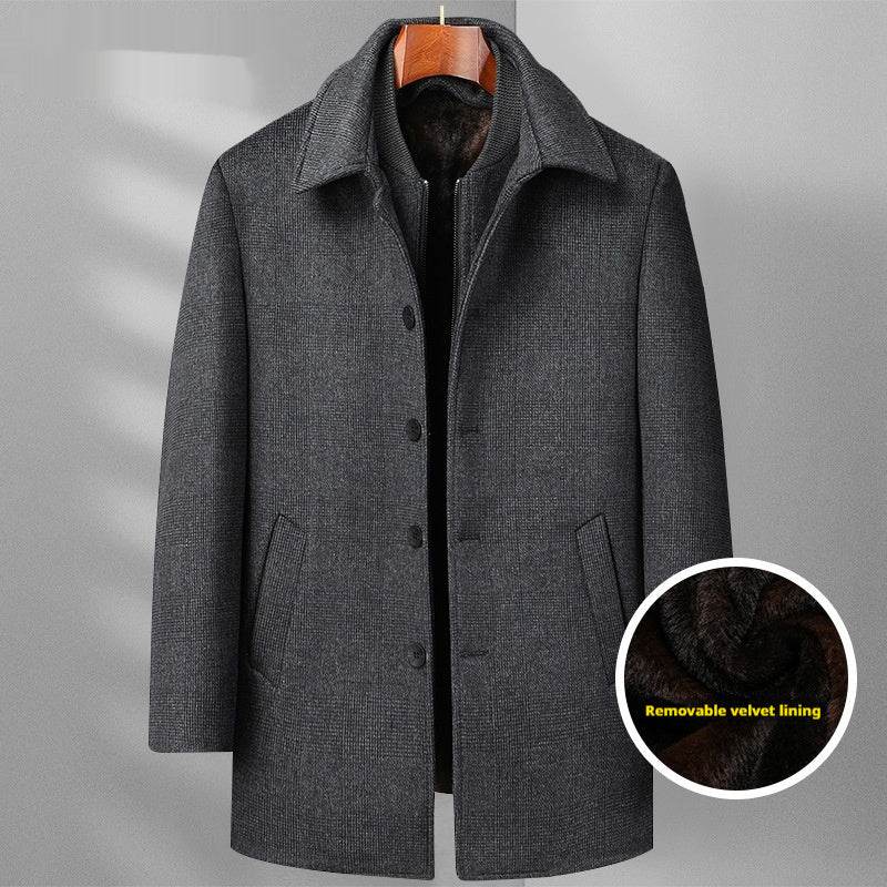 Men's Woolen Coat - Mid-Length Plaid with Detachable Collar, Warm & Stylish - Buy Center