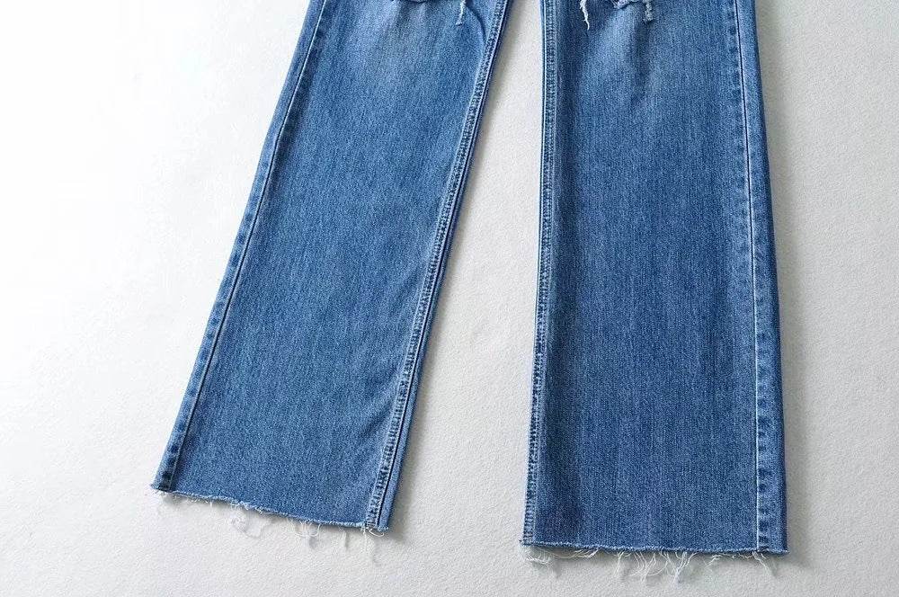 High Waist Light Blue Denim Straight Trousers with Holes - Street Style - Buy Center