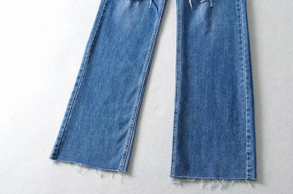 High Waist Light Blue Denim Straight Trousers with Holes - Street Style - Buy Center