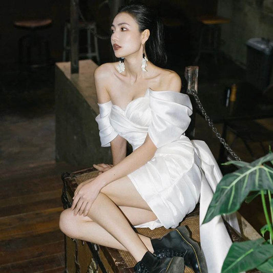 Elegant Short White Engagement Dress - High Waist & Flowing Long Skirt - Buy Center