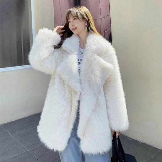 Stylish Mid-Length Loose Faux Wool Coat - Large Lapel Winter Essential - Buy Center