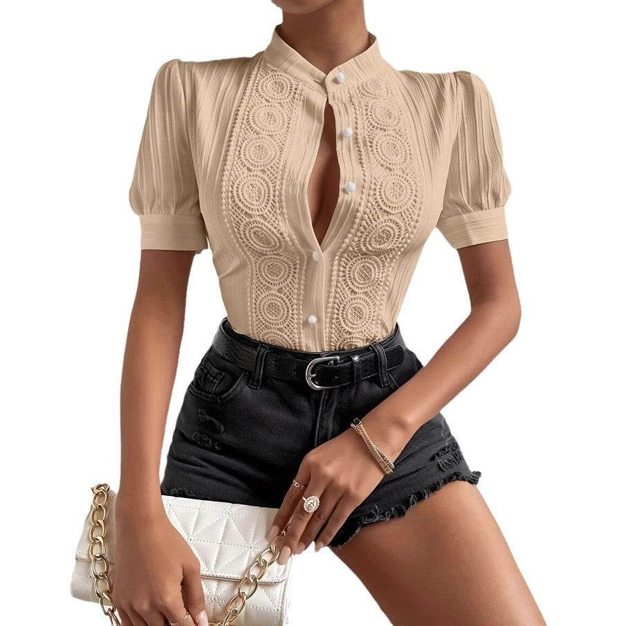 Elegant Lace Patchwork Women's Top - Trendy Stand-up Collar, Short Sleeve - Buy Center