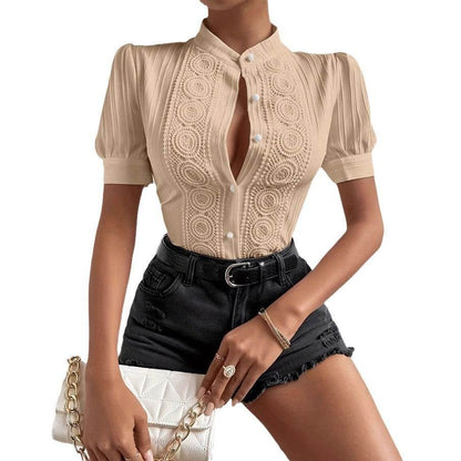 Elegant Lace Patchwork Women's Top - Trendy Stand-up Collar, Short Sleeve - Buy Center