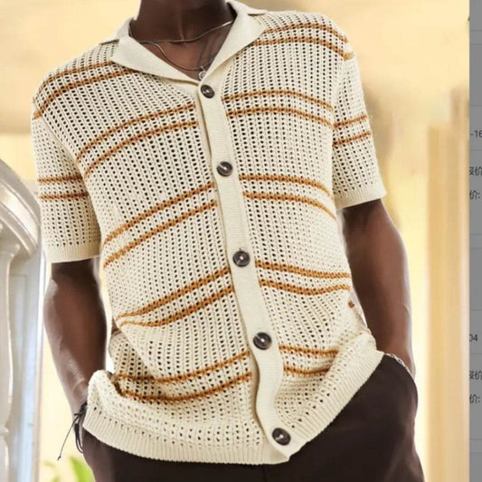Men's Khaki Knitwear Cardigan - Stylish Lapel Design & Short Sleeve - Buy Center