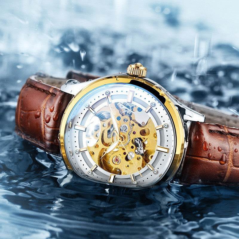 Buy Center Men's Mechanical Watch - Elegant Gold Shell & Leather Strap - Buy Center