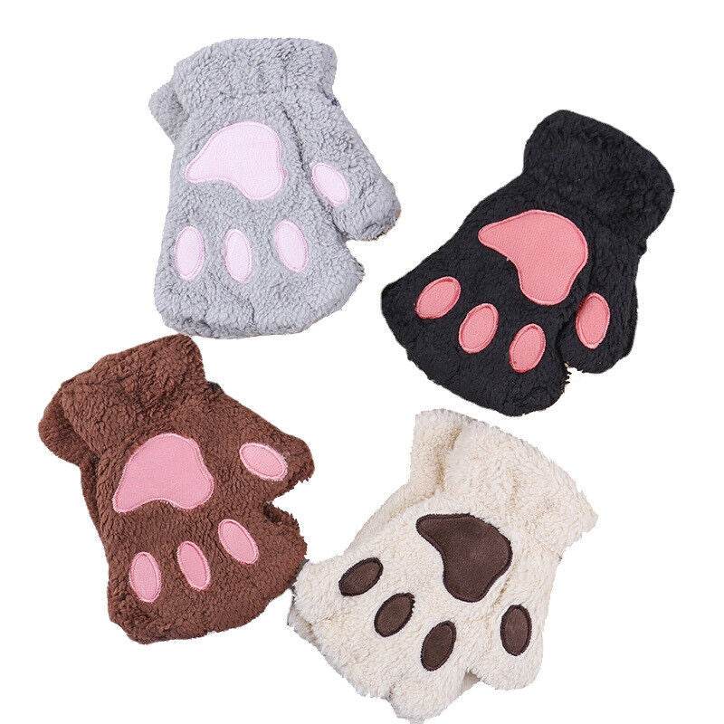 Women's Plush Cat Paw Gloves - Cozy Fingerless Mittens for Winter Style - Buy Center