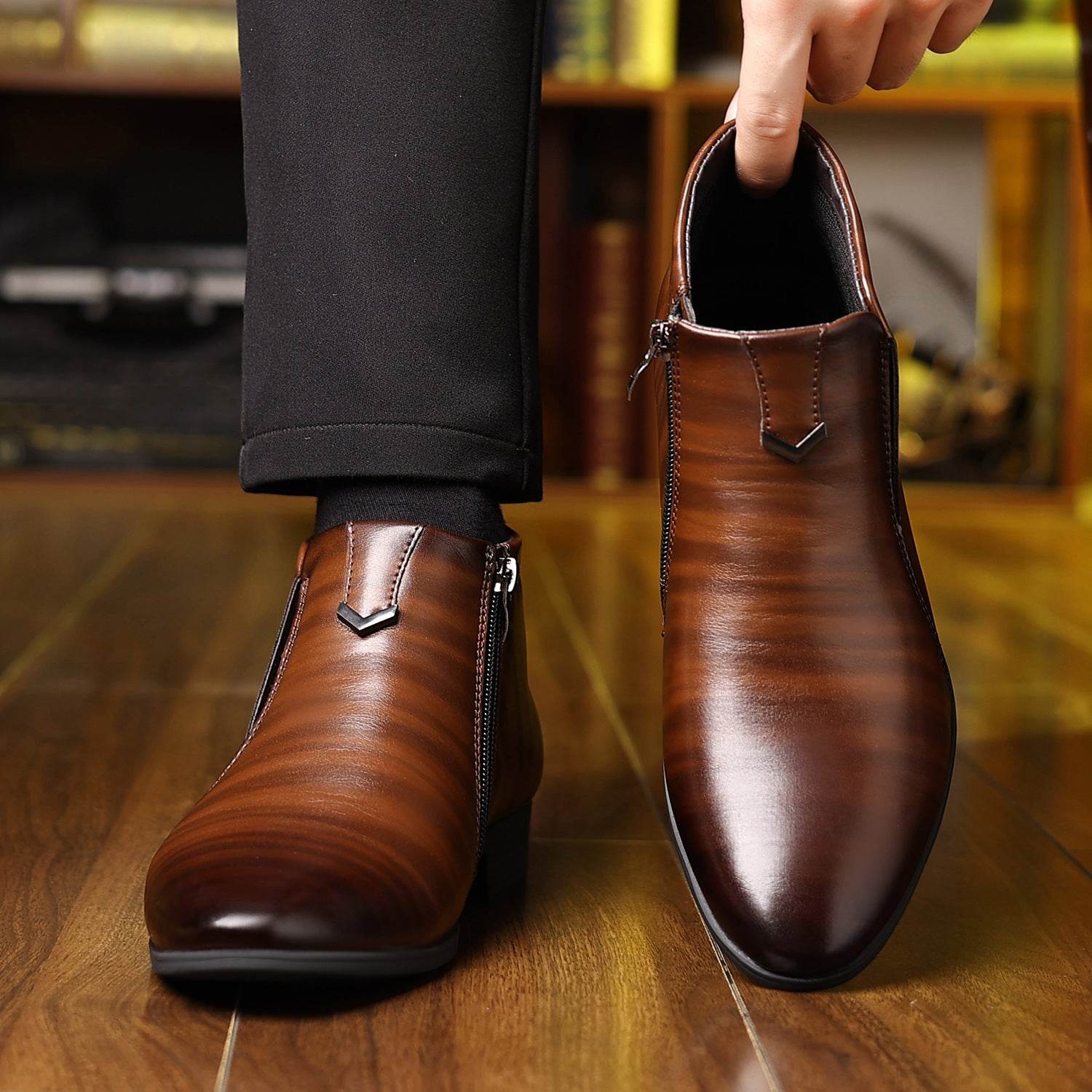 Men's Pointed White Striped Leather Ankle Boots - Side Zipper & Stylish Comfort - Buy Center