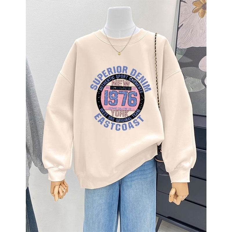 Retro Loose Round Neck Hoodie for Women - Cartoon Design & Long Sleeve - Buy Center