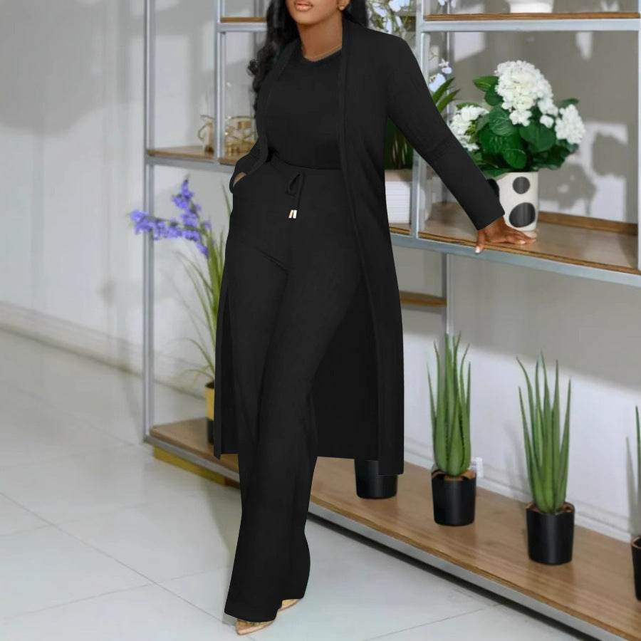 BuyCenter Stylish Two-Piece Set - Long Cardigan & Stripe Wide Leg Pants - Buy Center