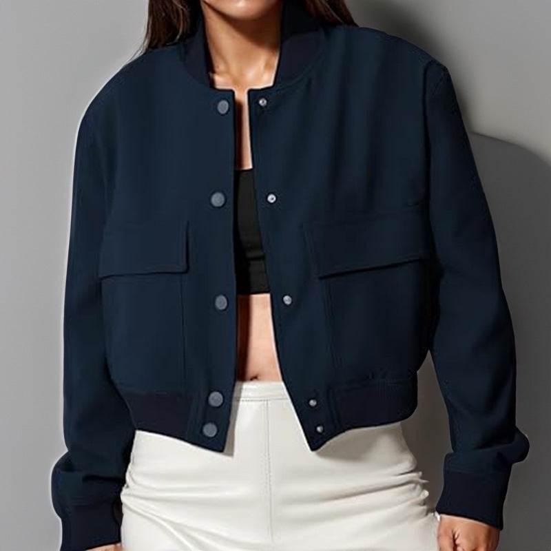 Buycenter Women's Jacket Coat - Stand Collar, Large Pocket, Short Length - Buy Center