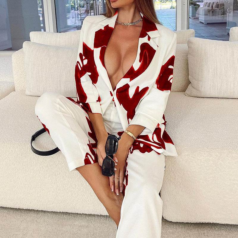 Buycenter Elegant Vintage Printed Business Suit - Casual Two-Piece Set - Buy Center