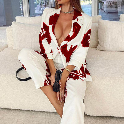 Buycenter Elegant Vintage Printed Business Suit - Casual Two-Piece Set - Buy Center