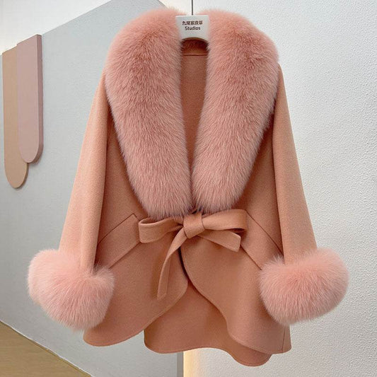 Buycenter Real Wool Autumn Cape Top - Loose Fit with Fur Collar - Buy Center