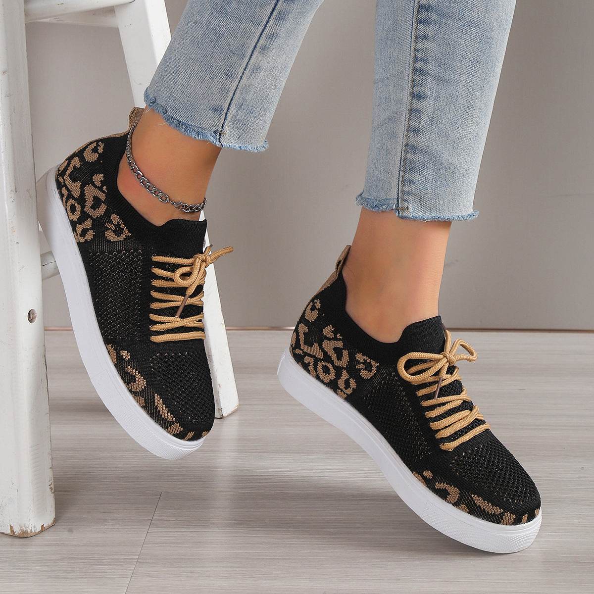 Buycenter Women's Casual Sports Flats - Leopard Print Flyknit Shoes - Buy Center