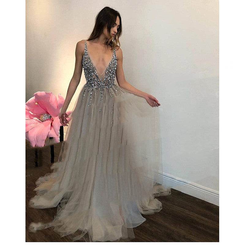 Buycenter Diamond Grey Evening Dress - Sleeveless High Waist Design - Buy Center