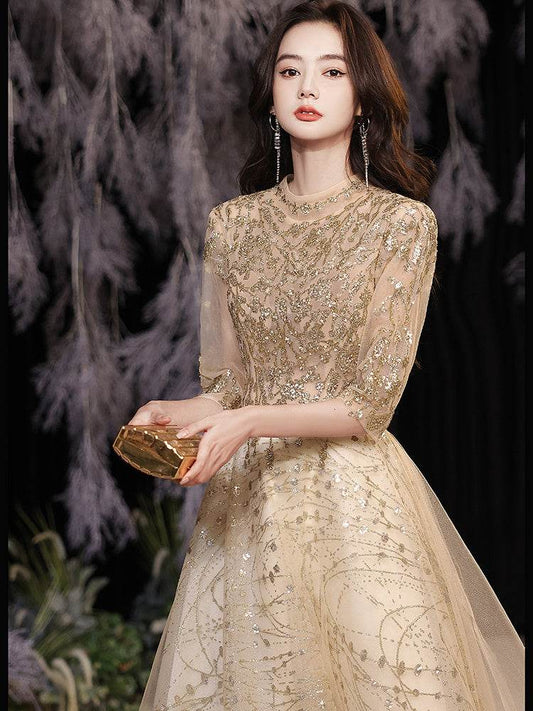 Buycenter Champagne Gold Evening Dress - Luxury Beaded Design, XS-3XL - Buy Center