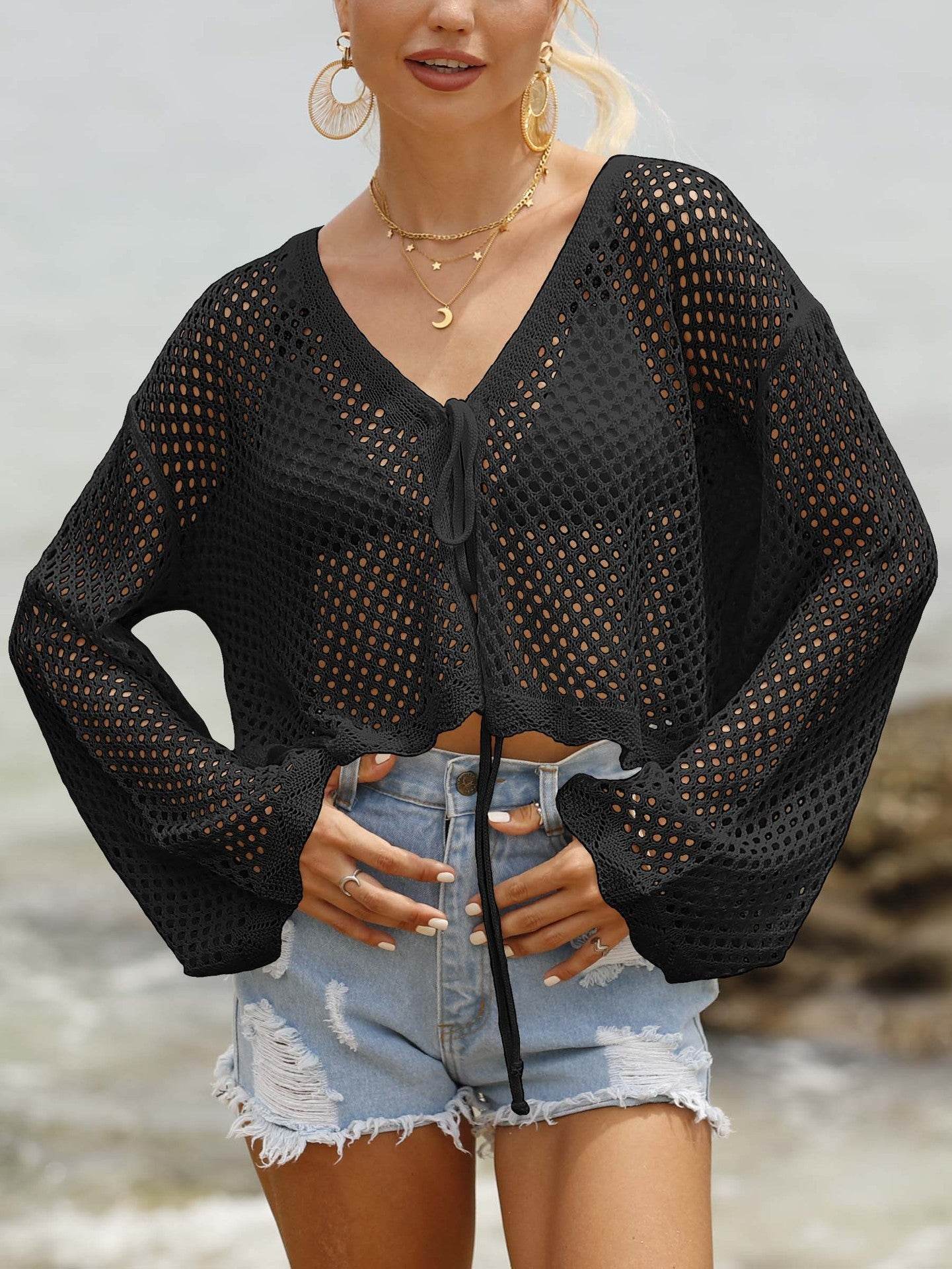 Buycenter Women's Lace-up Cardigan Blouse - Sun Protection, Long-sleeved - Buy Center