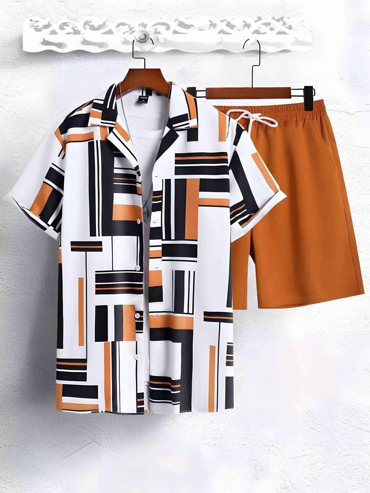 Black and White Striped Hawaiian Shirt Set for Men - Casual Summer Style
