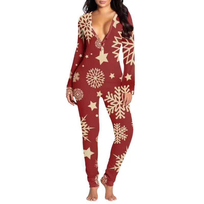 Buycenter Women's Printed Button Tight Jumpsuit - Comfortable V-Neck Style - Buy Center