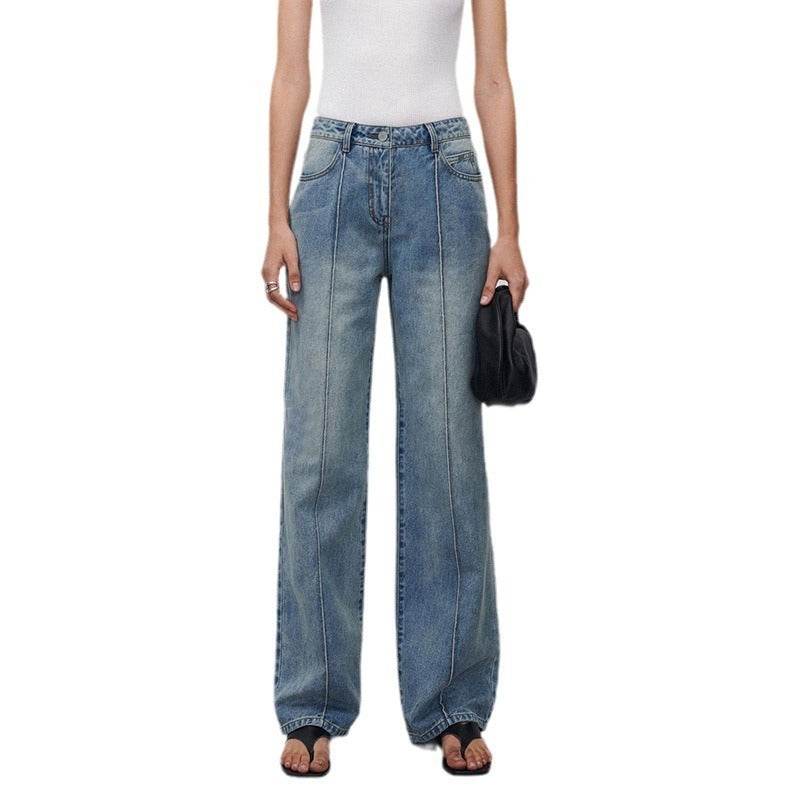 Women's Straight Jeans with Three-Dimensional Stitching - Dark Blue Style - Buy Center