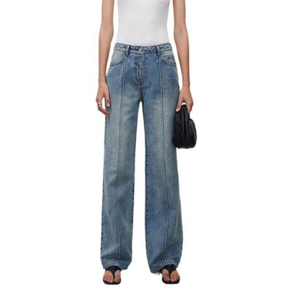 Women's Straight Jeans with Three-Dimensional Stitching - Dark Blue Style - Buy Center