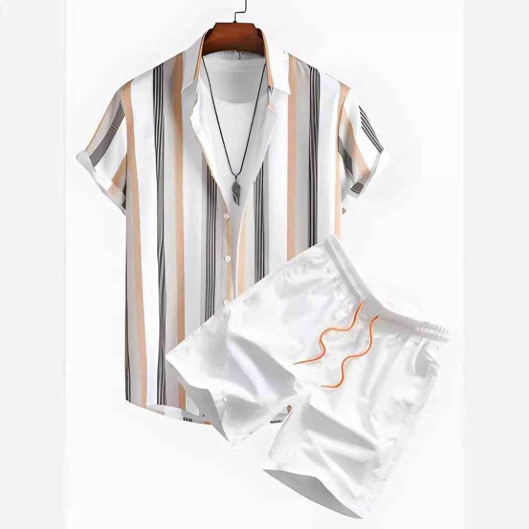 Black and White Striped Hawaiian Shirt Set for Men - Casual Summer Style