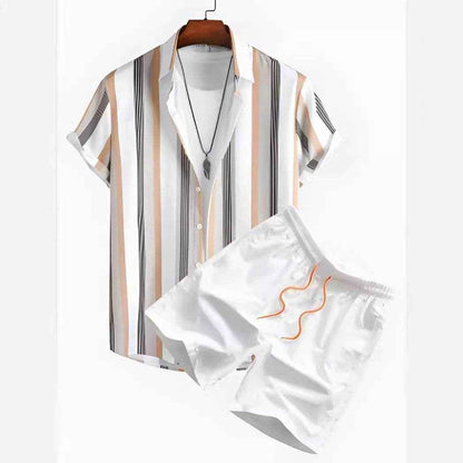 Black and White Striped Hawaiian Shirt Set for Men - Casual Summer Style