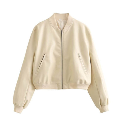 Women's Stand Collar Motorcycle Jacket - Premium Stylish Fur in Tan & Beige - Buy Center