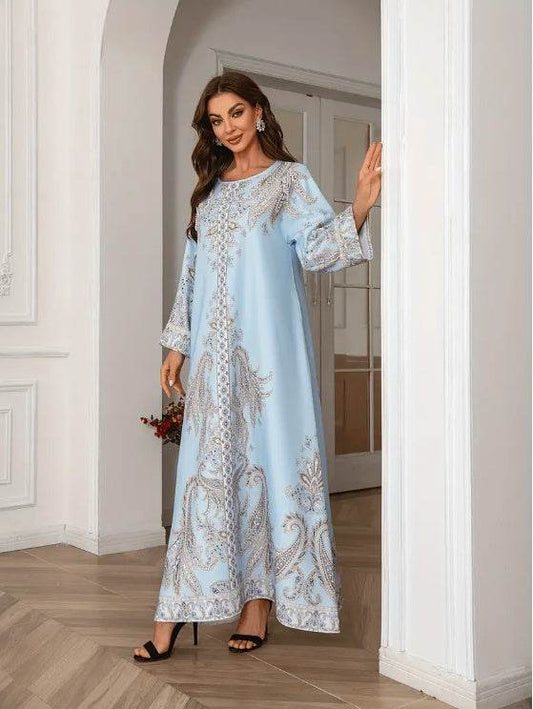 Buycenter Elegant Floral Print Abaya Dress - Long Sleeve, Micro Elastic - Buy Center