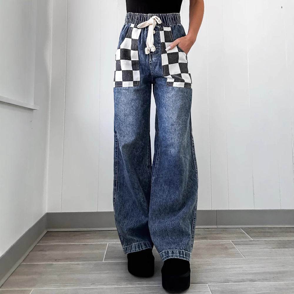 Women's Loose Plaid Contrast Denim Trousers - Stylish, Elastic Waist Fit - Buy Center