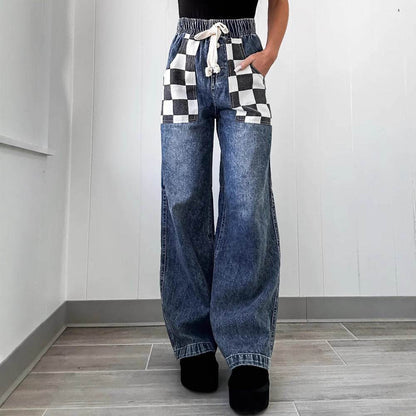 Women's Loose Plaid Contrast Denim Trousers - Stylish, Elastic Waist Fit - Buy Center