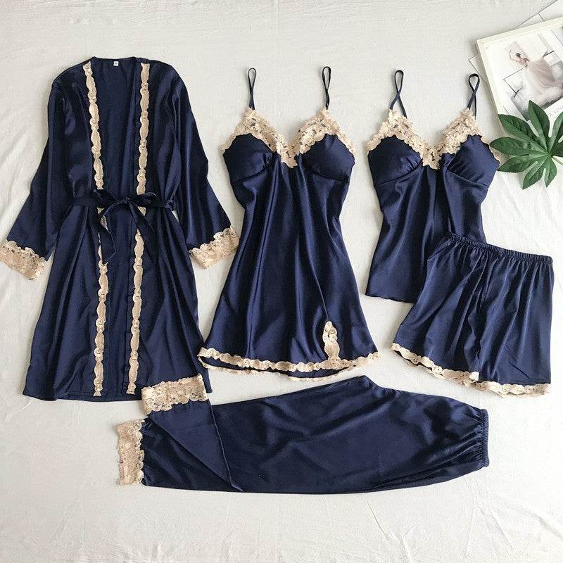 Women's Five-Piece Imitated Silk Pajamas Set - Cool & Comfortable Sleepwear - Buy Center