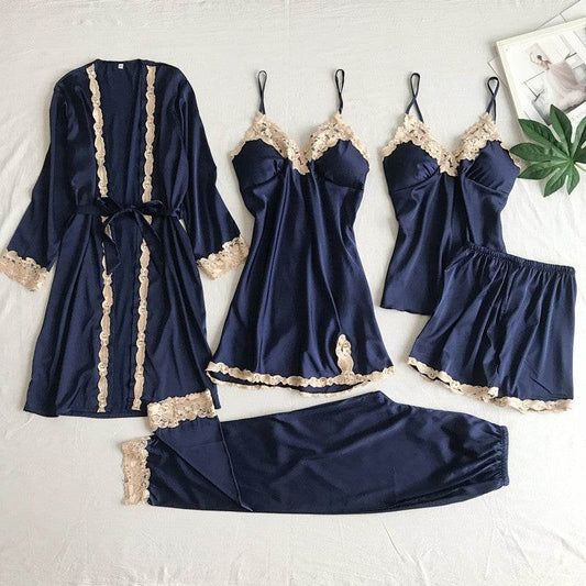 Women's Five-Piece Imitated Silk Pajamas Set - Cool & Comfortable Sleepwear - Buy Center