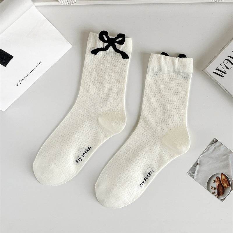 Three-Dimensional Polka Dot Bow Socks - Pure Cotton Mid-Calf for Women - Buy Center