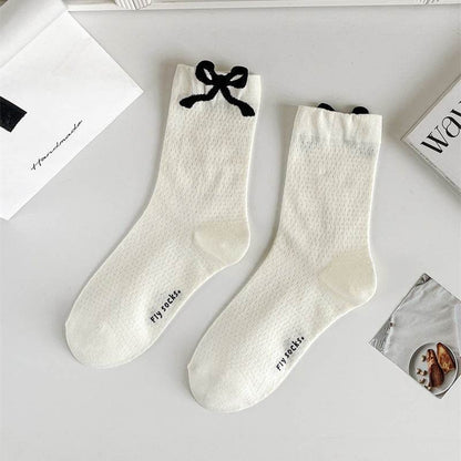 Three-Dimensional Polka Dot Bow Socks - Pure Cotton Mid-Calf for Women - Buy Center