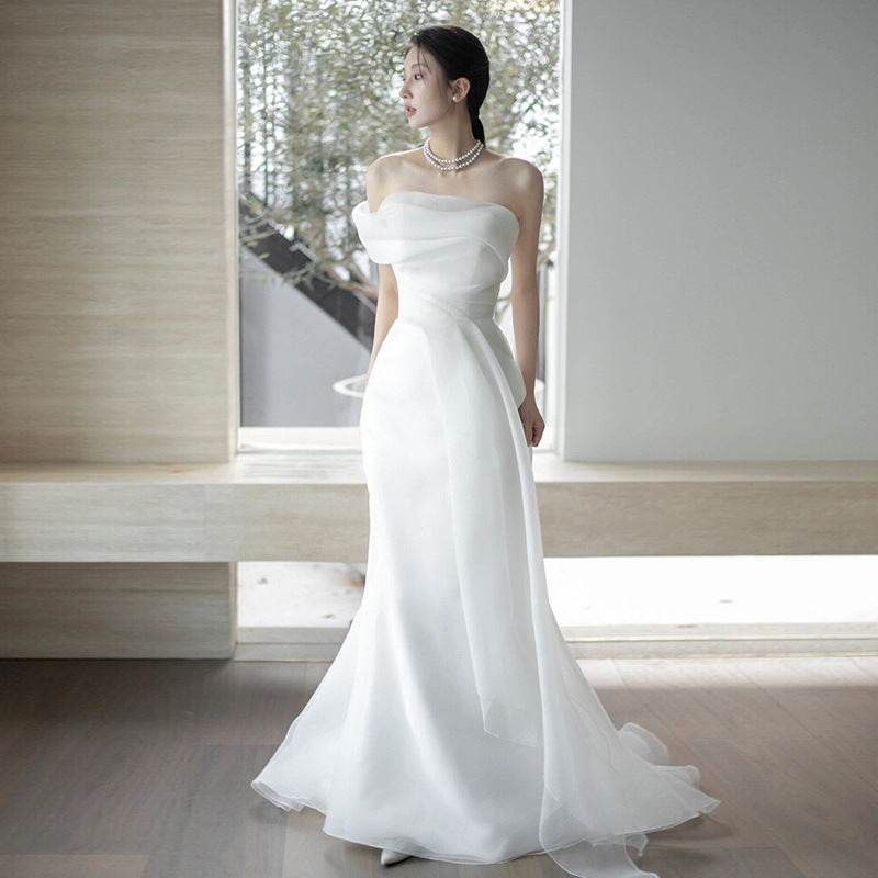 Elegant French Off-Shoulder Wedding Dress - Stylish Light White Gown - Buy Center