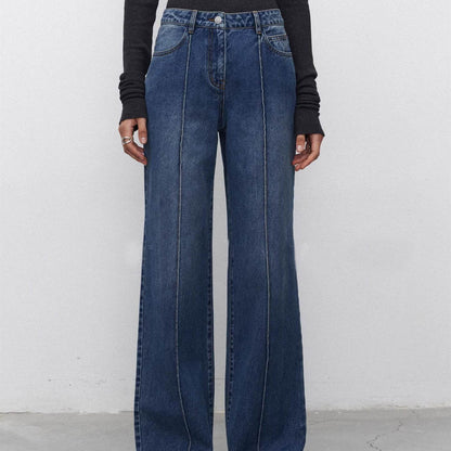 Women's Straight Jeans with Three-Dimensional Stitching - Dark Blue Style - Buy Center