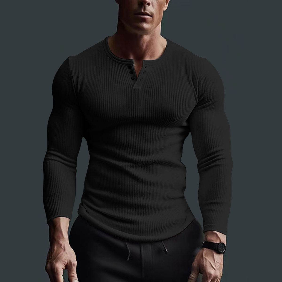 Buycenter Men's Long Sleeve Top - High Elastic Striped Pullover Shirt - Buy Center