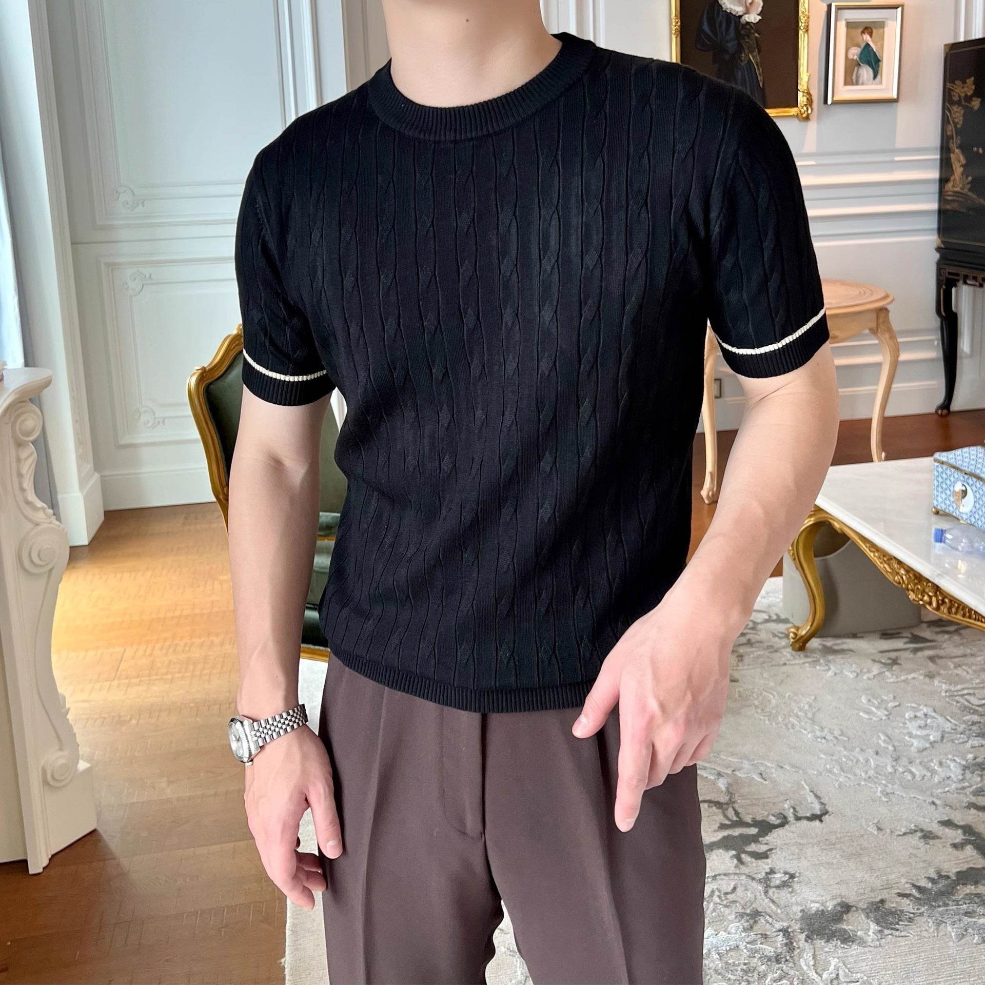 Men's Khaki/Black Striped Cotton T-Shirt - Stylish Round Neck Tee - Buy Center