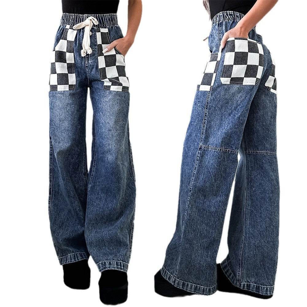 Women's Loose Plaid Contrast Denim Trousers - Stylish, Elastic Waist Fit - Buy Center